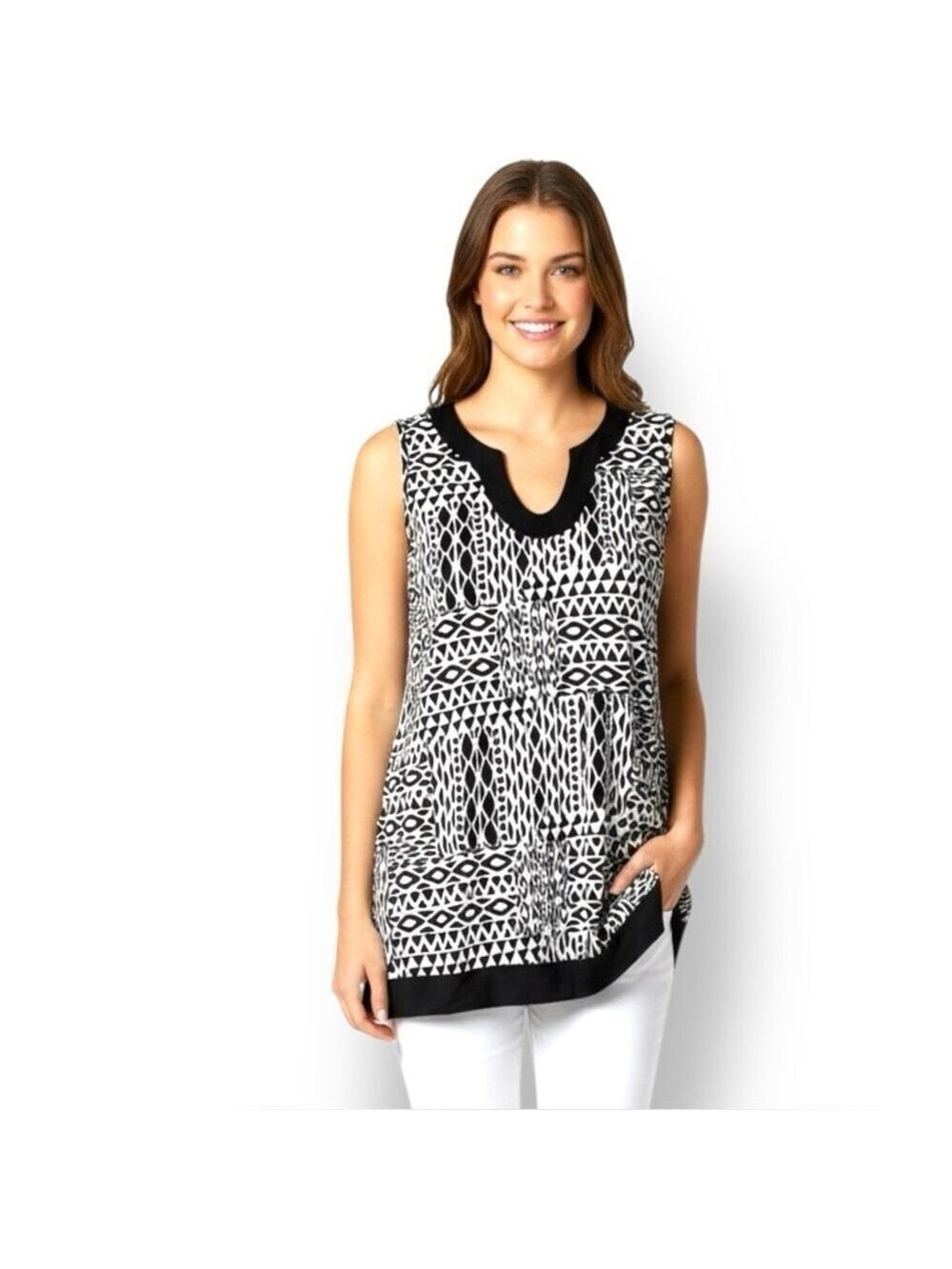 WHITE HOUSE BLACK MARKET Easy Care Sleeveless Black White Geometric Print Top XL